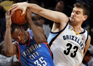 Marc Gasol blocks Kevin Durant in a western conference shootout. NBA.com