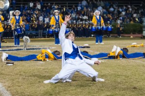 Junior drum major Lane Sumrall dancing during the Daft Punk themed halftime show. (Photo Joey Michel)