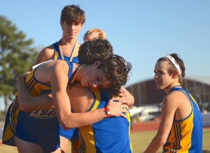 Brothers Zach and Spencer Albright embrace following the race.