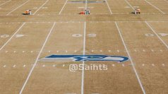 The Seahawks logo on the Saints practice facility field. (photo from the Saints official twitter page.)