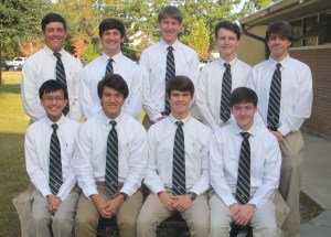 Newly named National Merit Scholars include (seated) Aaron Nguyen, Connor Lu, Jack Dubrieul, and Matthew Baldone and (standing) Beau Briggs, Max Gold, Ryan Keller, Waldon Perry and George Cazenavette. (photo by Karen Hebert)