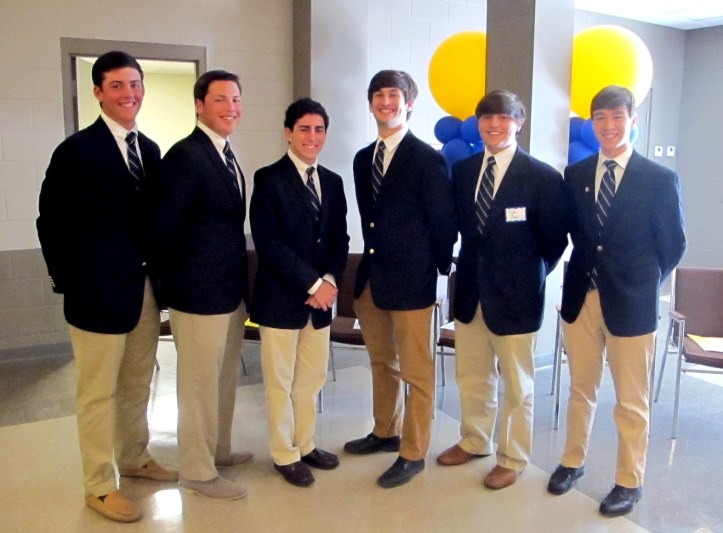 Student speakers Seniors Beau Briggs, Ross Allbriton, Phillip James, Max Gold, and Juniors Luke Avenel and John Cresson prepare to talk about there experiences relating to the schools principles.