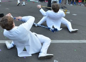 Drum Majors Lane Sumrall and Dustin Simoneaux break it down during "Medicine" in Endymion. (Photo by Andrew Moran)