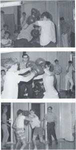 LaSalle Hall boxing matches topped a lifestyle that seems a paralell universe in today's education lifestyle. The front doors in the bottom picture are in the same spot that hundreds of students still walk through today. (Photo from Conifer 1969)