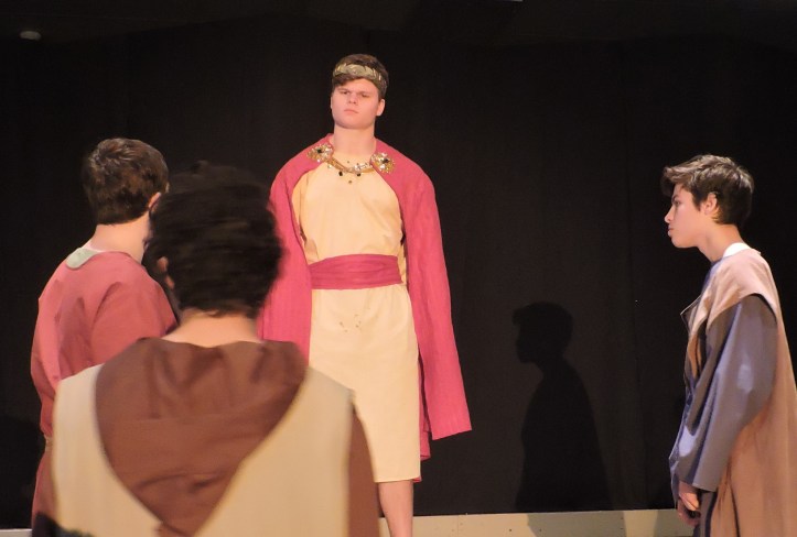 Pontius Pilate (Parker Layman) hears condemnations from the Pharisees (Mark Larson, Kyle Shiell, Austin Hayes).