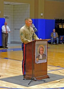 Sergeant Christian Guilbeau delivers a rousing talk to the St. Paul's student body. (Photo by Karen Hebert)
