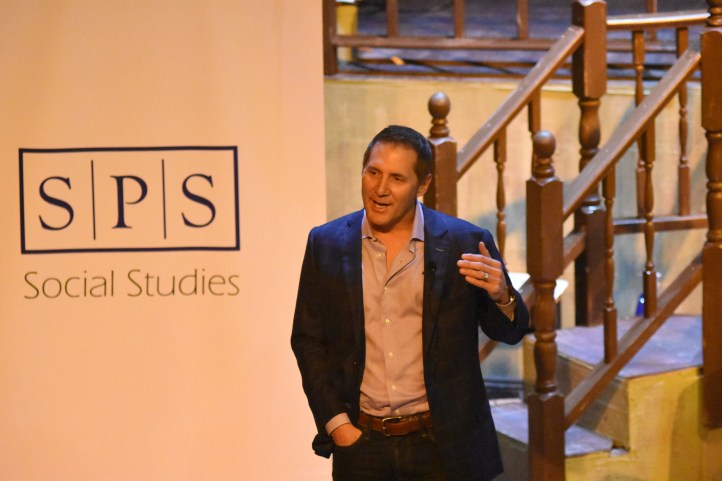 Netchex CEO Will Boudreaux speaks to a group of St. Paul's studentss in the theater on Tuesday, Dec. 1, 2016. (Photo by: SPS Business and Law)