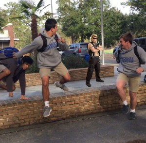 Bounty hunter "Hacksaw" intimidates underclassmen survey dodgers in Founder's Circle. (Photo: Hyde Healy)
